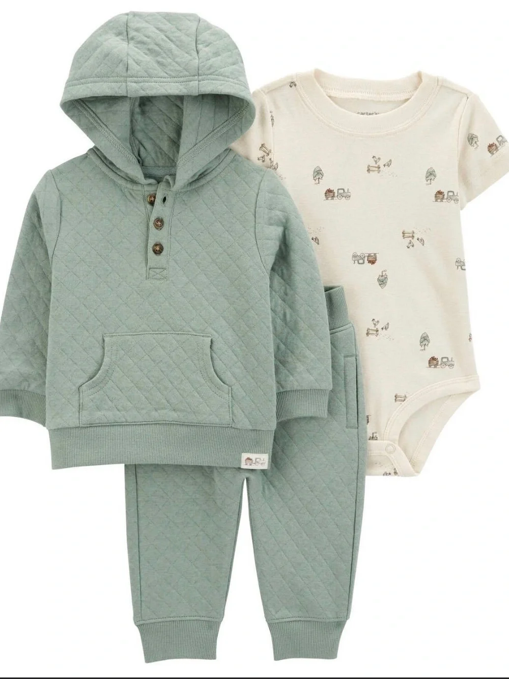 Carter's Sage Quilted Hoodie, Joggers & Cream Printed Bodysuit